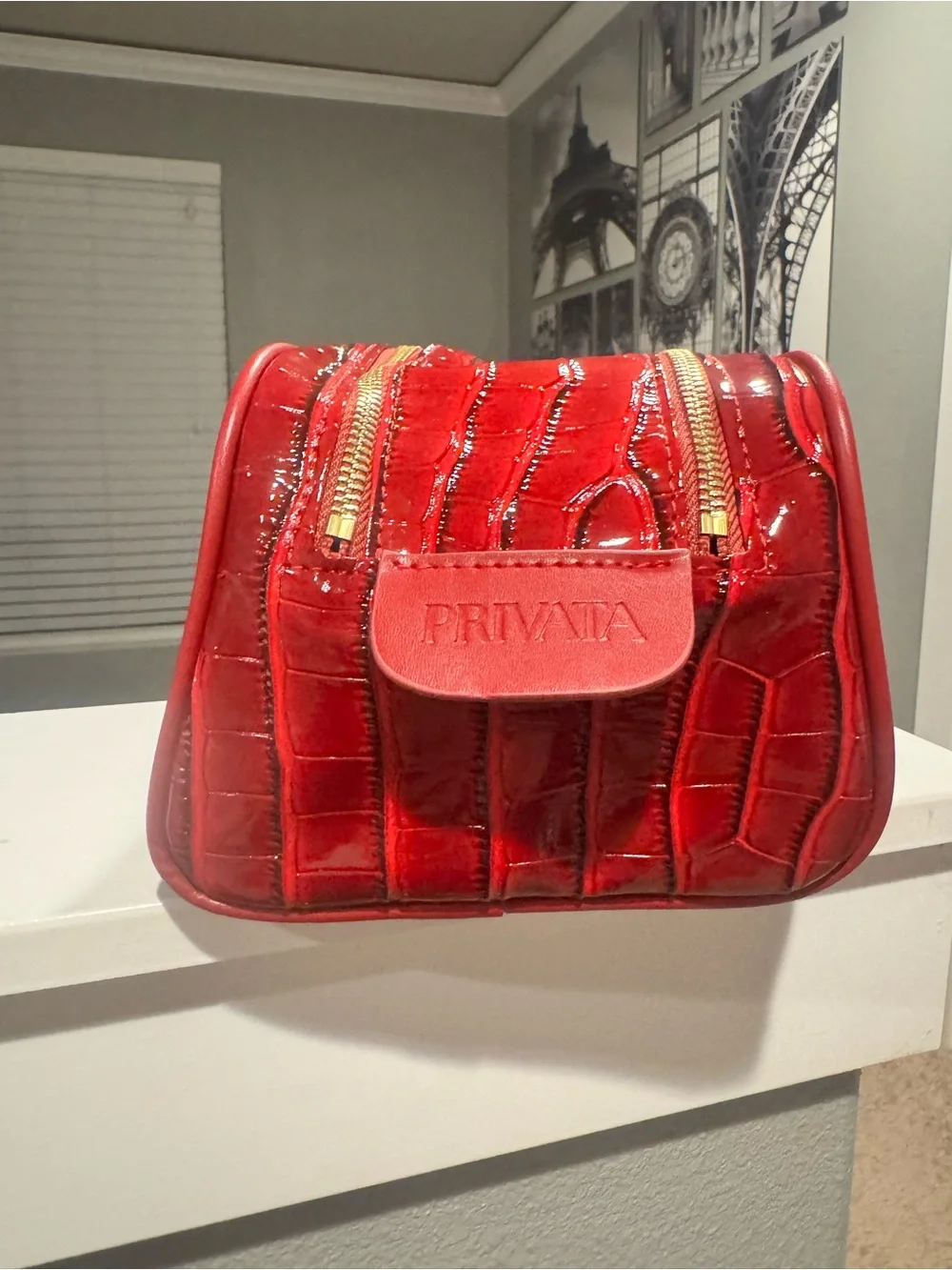 Red Privata  Patent Croc-Embossed Women’s Cosmetic Bag